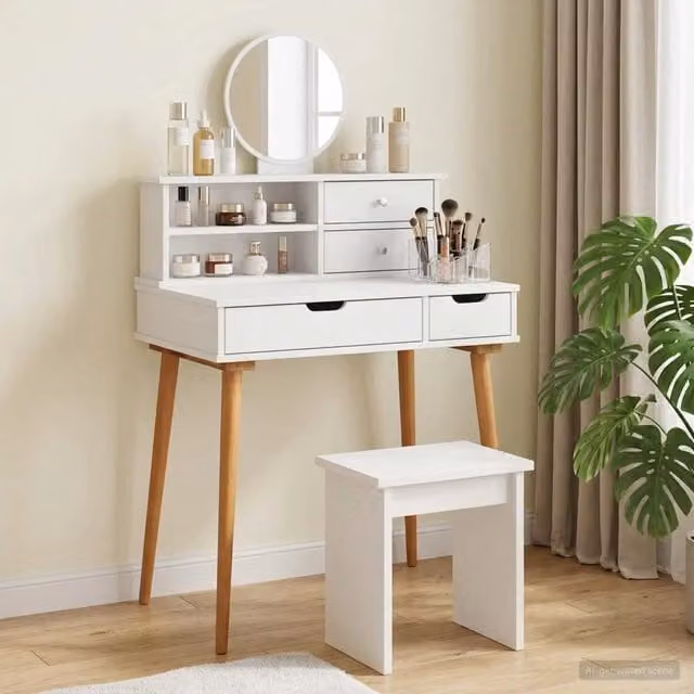 Set Tavolo da Trucco e Sgabello vidaXL Bianco L/P/H: 76 x 50 x 103,5 cm