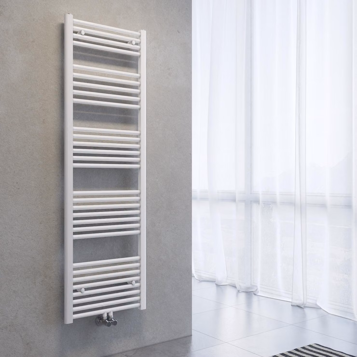 Radiatore asciuga-asciugamani SONNI, dimensioni 1600 x 500 mm, colore bianco, sistema di riscaldamento ad acqua calda, senza resistenza elettrica