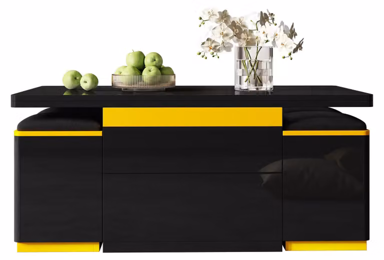 Tavolino Moonbite con meccanismo di sollevamento e ribaltamento, set composto da 4 poggiapiedi contenitori, cassetti e vani aperti, tavolo da pranzo pieghevole, piano in MDF e pannello di particelle, colore nero