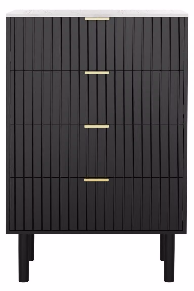 Comodino con cassetti, colore nero, larghezza 60 cm, aspetto marmo, 4 cassetti, dimensioni 94x60x34 cm