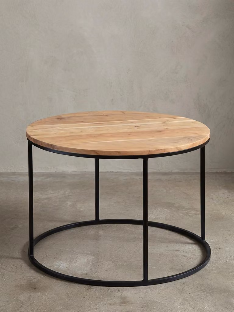 Tavolino da salotto 60x43x60 cm in legno massello di acacia / metallo, tavolino da salotto di design, tavolino da salotto rotondo, tavolino da caffè massiccio, tavolino da salotto