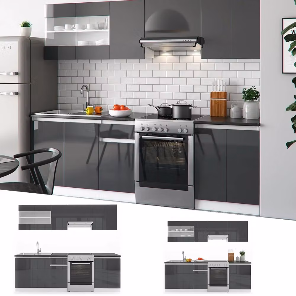 Mobile da cucina Vicco R-Line moderno in legno, colore Antracite lucido e Bianco, con illuminazione LED integrata, L: 240 cm – 2