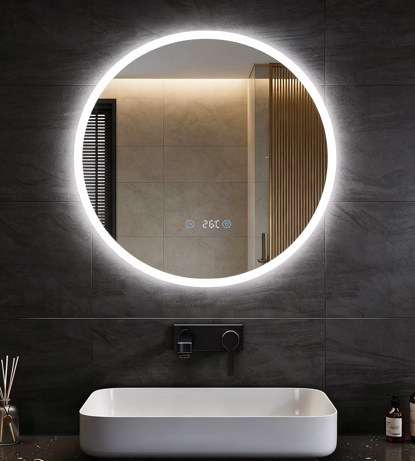 Specchio da bagno LED rotondo, diametro 60 cm, con touch screen, dimmerabile e antiappannamento