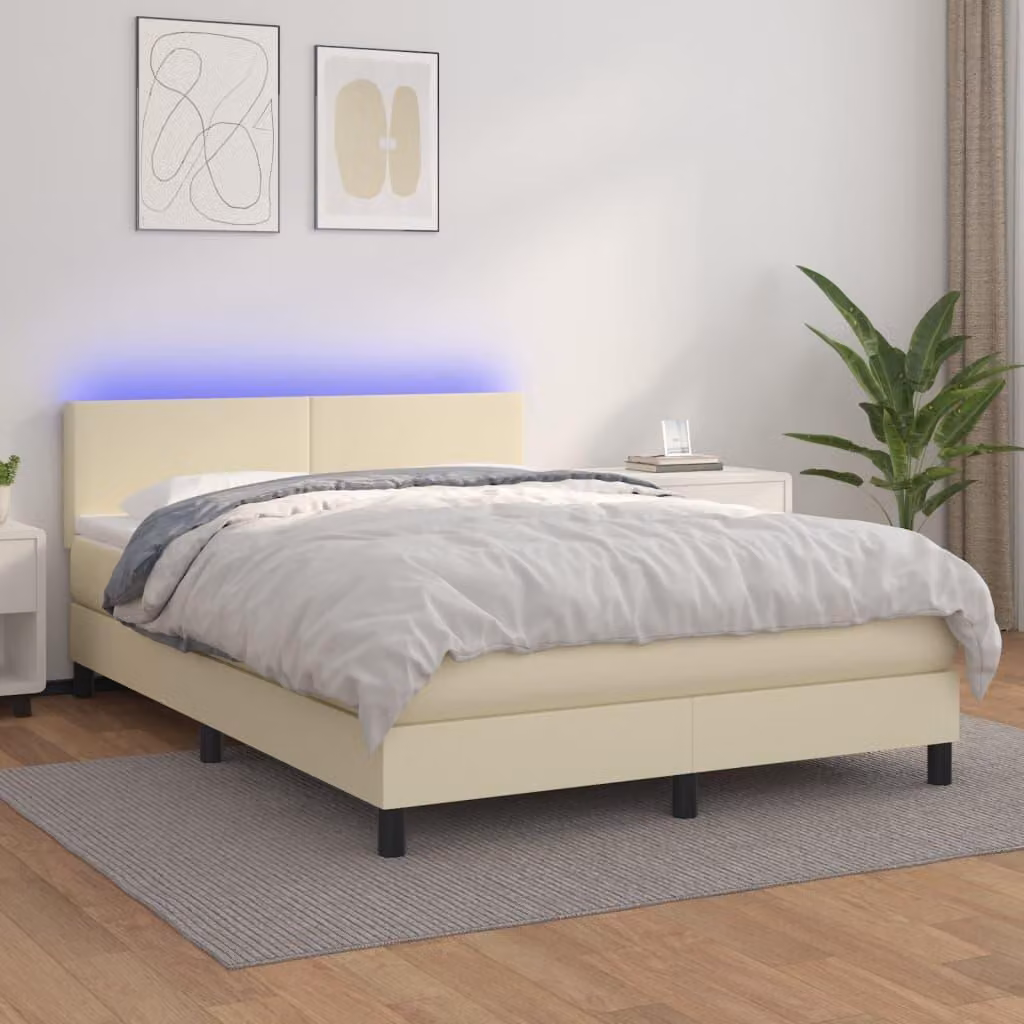 Maison Exclusive - Letto boxspring con materasso e illuminazione a LED color crema, 140x200 cm, in ecopelle