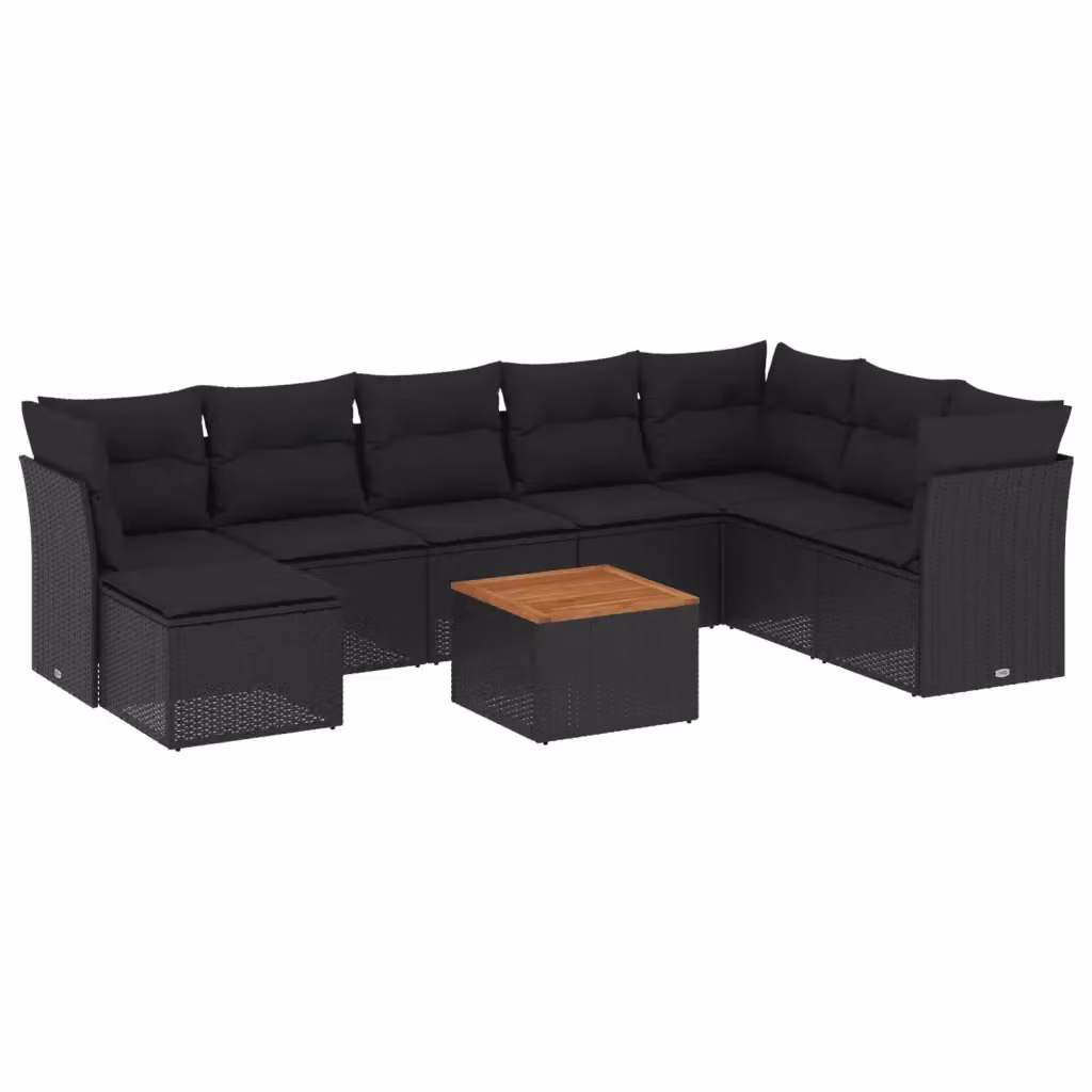vidaXL Set Divani da Giardino 9 pz in Polyrattan Nero con Cuscini e Tavolino da Esterno – 2