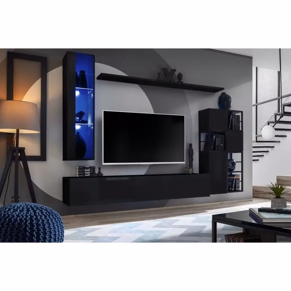 Set di mobili da soggiorno in stile industriale Meublorama SWITCH M2 colore nero con ante in vetro e illuminazione integrata – 2