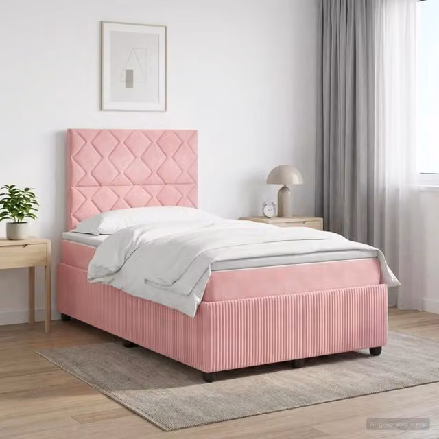 Letto box spring con materasso ibrido vidaXL in velluto rosa e bianco L/P: 120 x 200 cm
