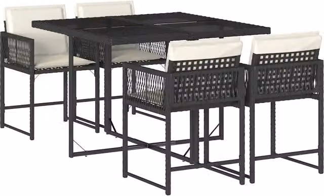 Set da Pranzo da Giardino 5 pz | Set Salotto da Giardino Nero con Cuscini in Polyrattan