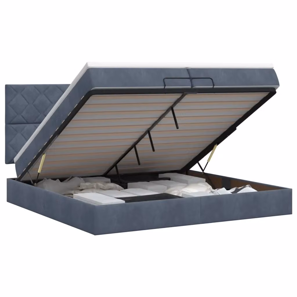 Letto ottomano moderno vidaXL in velluto grigio con base a sollevamento e materasso, L/P/H: 200 x 200 x 88 cm – 2