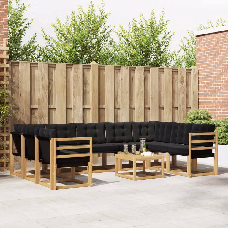 Set di divani da esterno vidaXL in legno di acacia con cuscini bianchi e neri, composizione a L con tavolo da caffè per giardino e terrazza