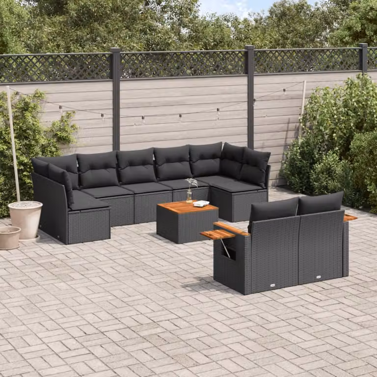 Set di divani da giardino vidaXL a forma di U in polyrattan nero con cuscini e tavolino da esterno