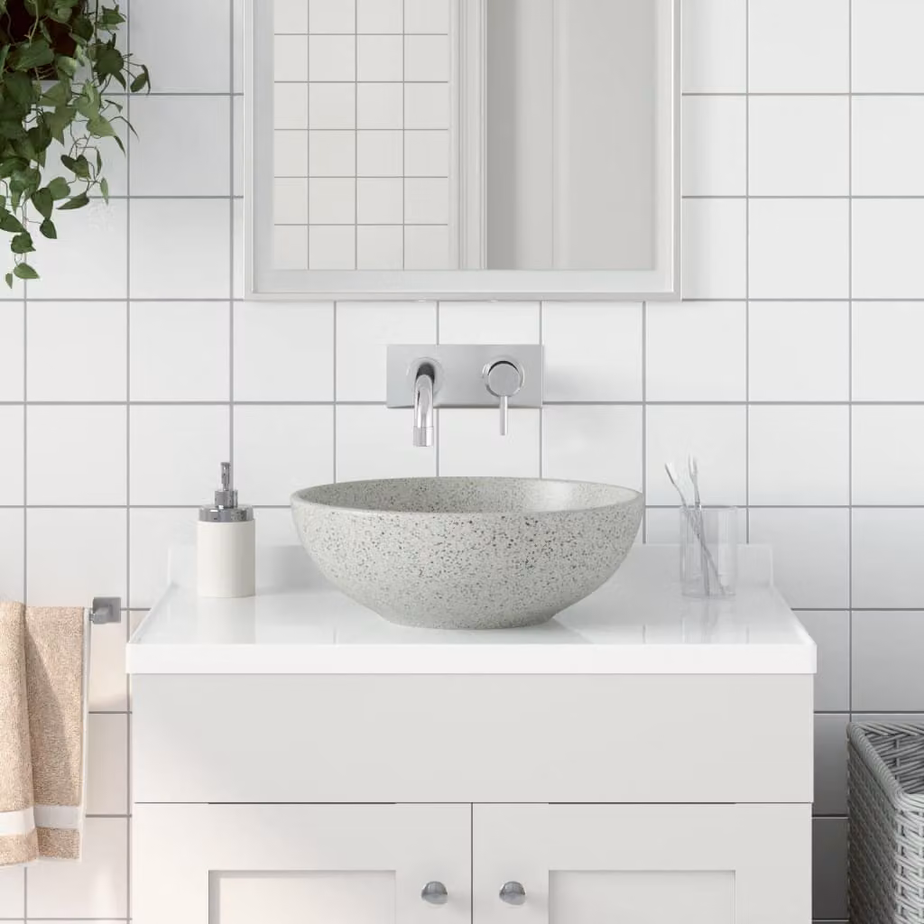 Lavabo da appoggio rotondo vidaXL in ceramica grigio, Diametro: 41 cm, Altezza: 14 cm