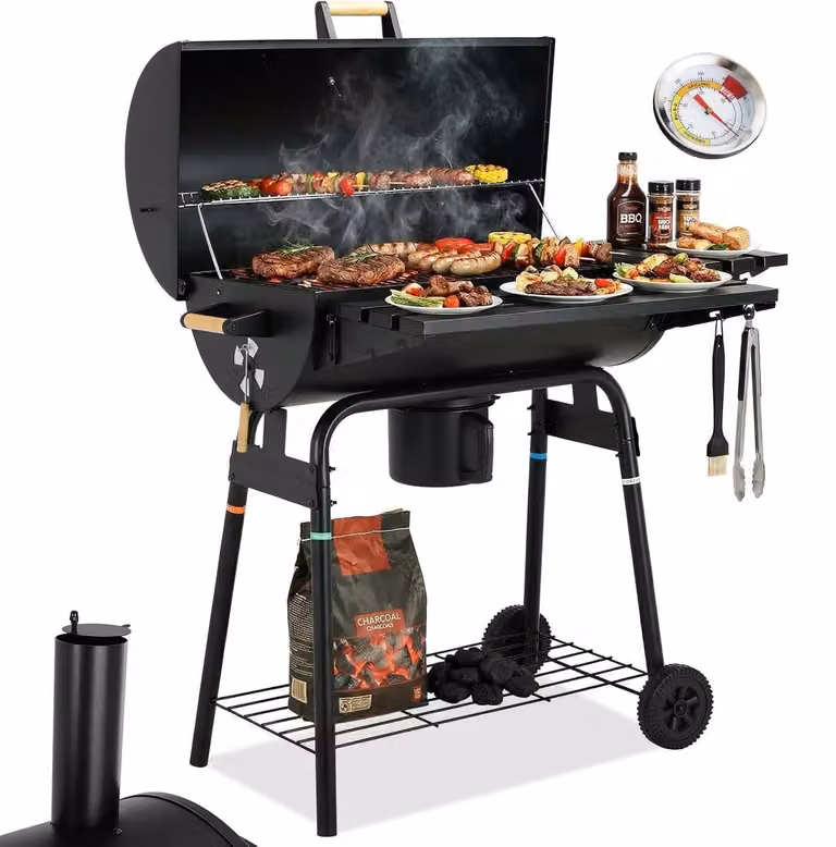 Barbecue a carbonella a tamburo - Barbecue e affumicatore 2 in 1 XXL - Superficie di cottura 70x39,5 cm - Griglia di mantenimento del calore - Acciaio smaltato - Carrello per giardino e terrazza