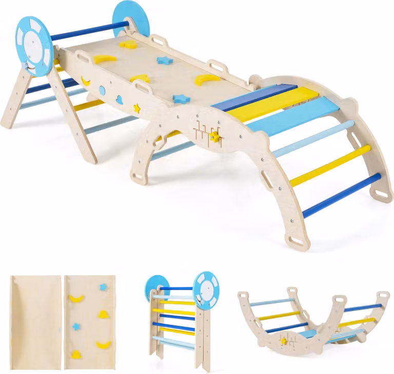 Set di 3 strutture da arrampicata per interni COSTWAY, triangolo pieghevole con scivolo, arco di arrampicata, rampa bifacciale e set di blocchi da costruzione inclusi, per bambini da 1+