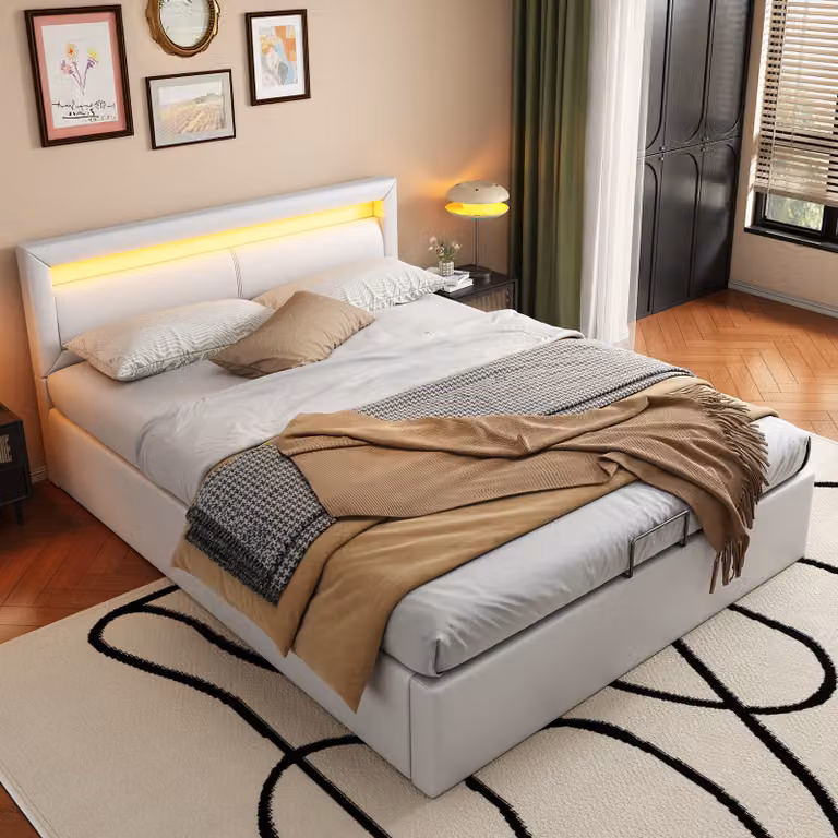 okwish Letto imbottito, 140 x 200 cm Letto per bambini, Letto matrimoniale con rete a doghe e contenitore, testiera con illuminazione a LED, con materasso, Bianco