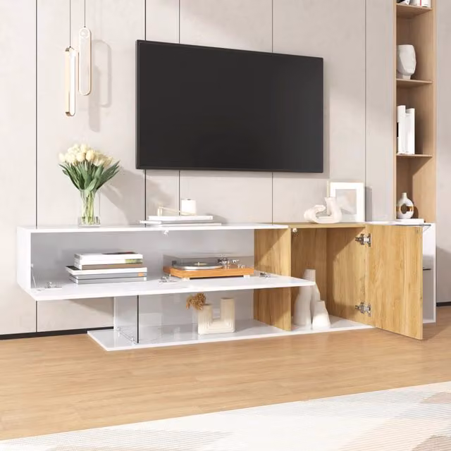 Mobile TV con 2 ante, ripiani in vetro e vano aperto, finitura lucida, per soggiorno, 180 × 38 × 48 cm