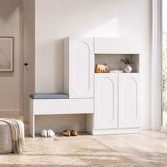 Mobile Scarpiera 2-in-1 con Ante Curve, Soft-Close, Ripiani Regolabili e Panca Imbottita Bianco 130x35x110 cm