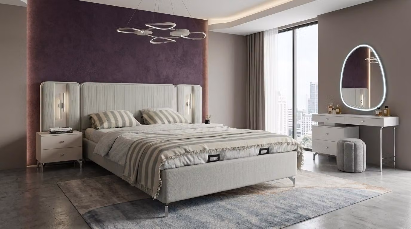 Tavolini da notte, specchio da trucco, pouf, stile moderno, colore grigio, confortevole