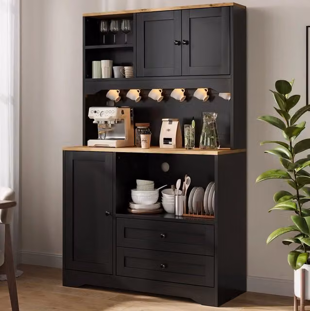 Credenza da cucina nera con LED, prese e vano microonde