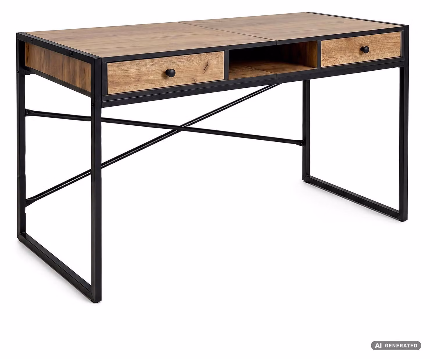 Scrivania industriale per computer Rovere Craft ELONIS 123 cm 2 cassetti 1 ripiano gambe nere