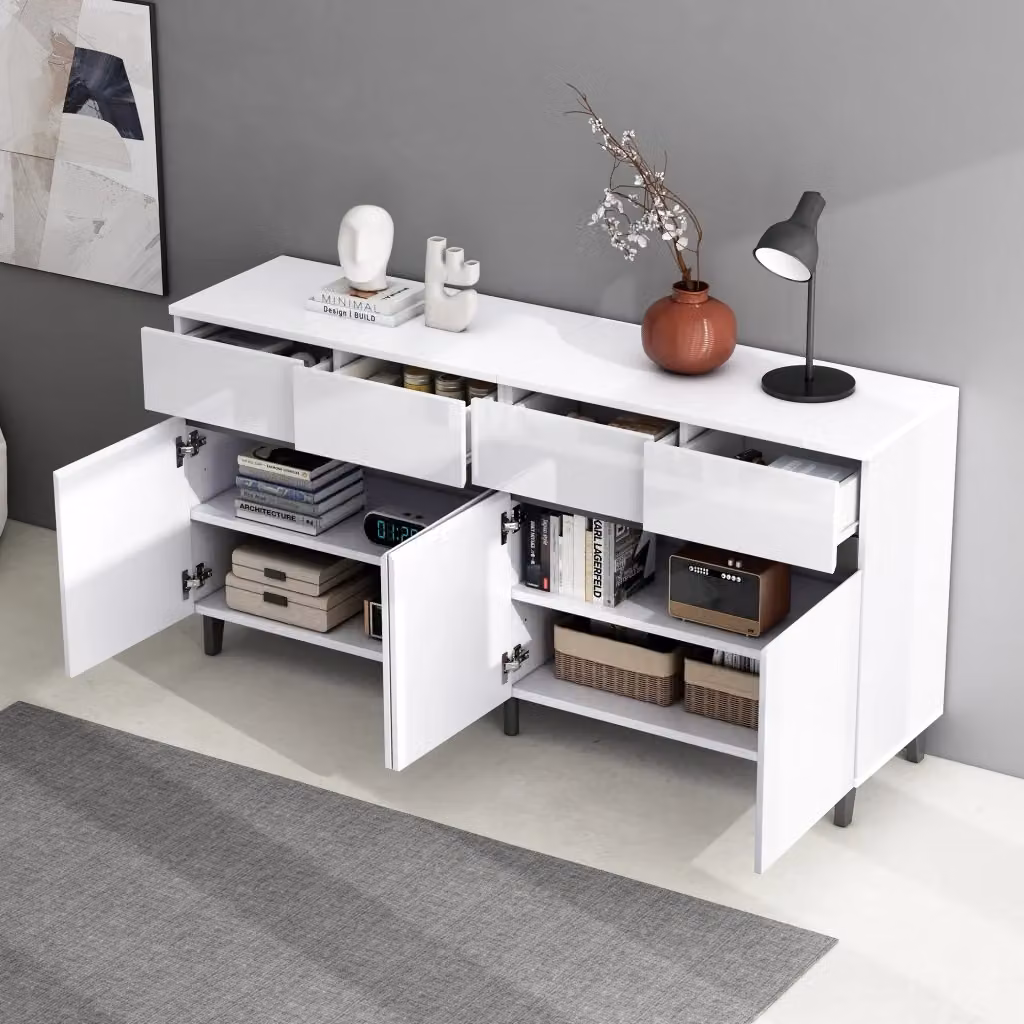Credenza moderna con 4 cassetti e 2 ante con ripiani regolabili per soggiorno, cucina o ufficio, finitura lucida, L 160 cm x P 40 cm x H 68 cm – 2