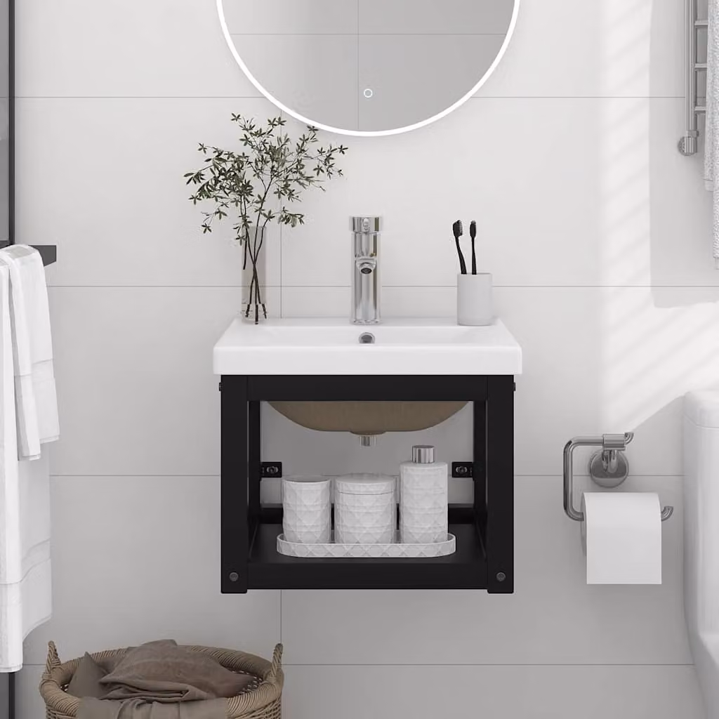 vidaXL Telaio per Lavabo da Bagno con Lavabo Integrato in Metallo e Ceramica Nero e Bianco L: 40 cm, P: 38 cm, H: 31 cm
