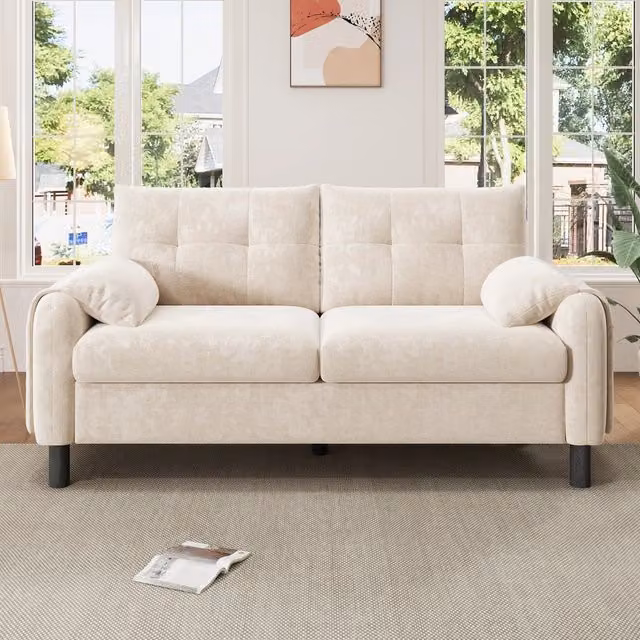 Divano 2 posti compatto con cuscini spessi, tasche laterali, in ciniglia beige, 158 × 80 × 88.5 cm