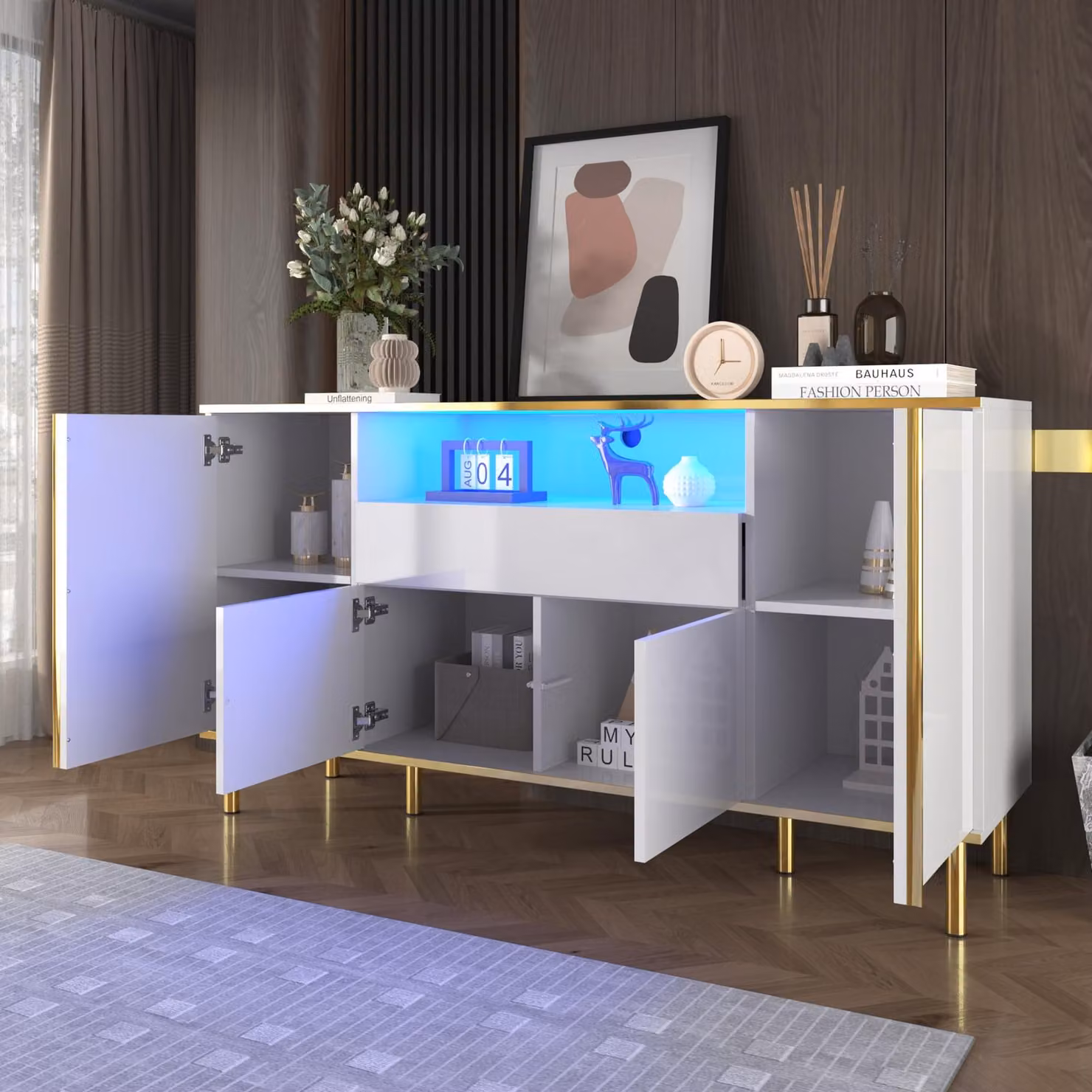 okwish Armadio da cucina complementare ad alta lucentezza, cassettiera con illuminazione a LED e 1 cassetto, mobile buffet multiuso, bianco