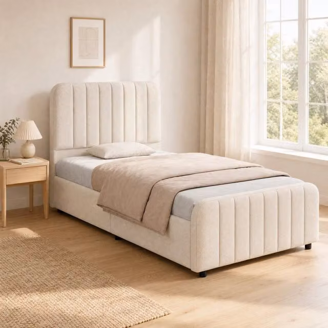 Letto singolo imbottito con contenitore idraulico 90x200 cm; beige in lino