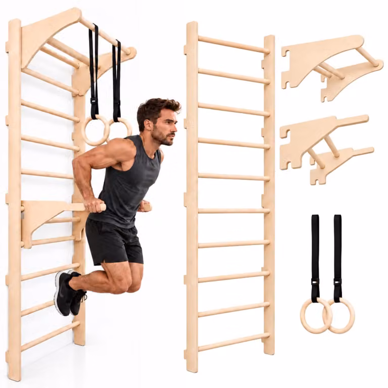 MAMOI® Spalliera con barra per trazioni, parallele e anelli regolabili in legno per allenamento di forza e stretching