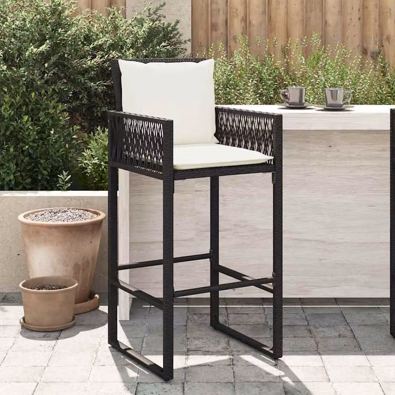 Set di 2 sgabelli da bar vidaXL in polyrattan nero con cuscini in tessuto e struttura in metallo