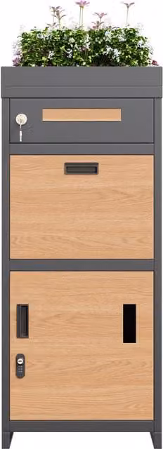 Porta pacchi e cassetta postale GL Store con fioriera integrata in acciaio zincato, H: 118,5 cm, L: 50 cm, P: 37 cm, Grigio e Marrone