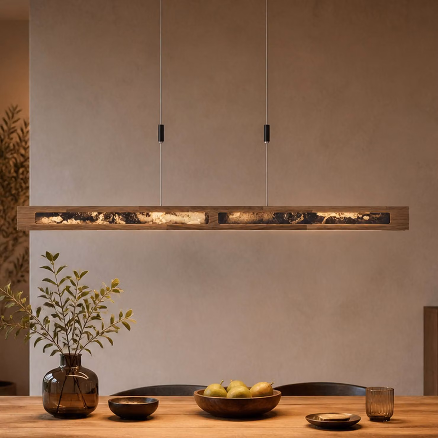 Elobra Lampada LED a sospensione Chile XS, rovere/ardesia multicolore, lunghezza 89 cm dimmerabile, Legno chiaro, Soggiorno / Sala da pranzo, Legno