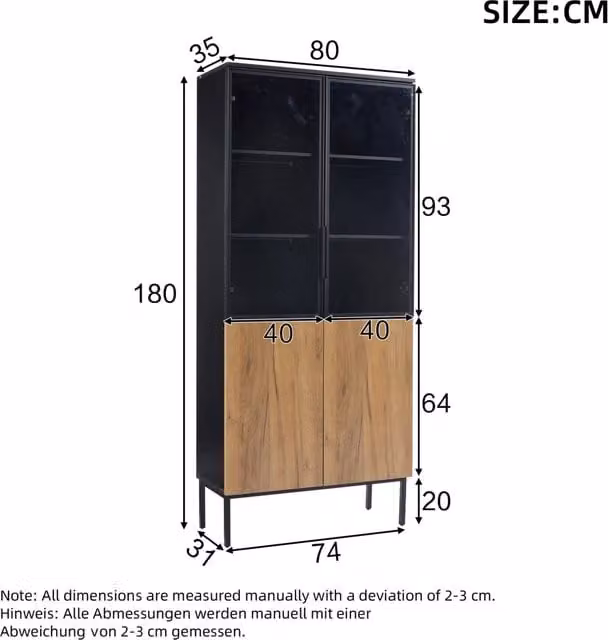 Vetrina REDOM con ante in vetro e illuminazione integrata, Nero/Quercia, L: 74 cm, P: 31 cm, H: 180 cm