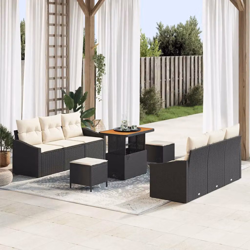 vidaXL Set Divano da Giardino a Forma di U in 9 Pezzi con Cuscini Nero e Beige – 1