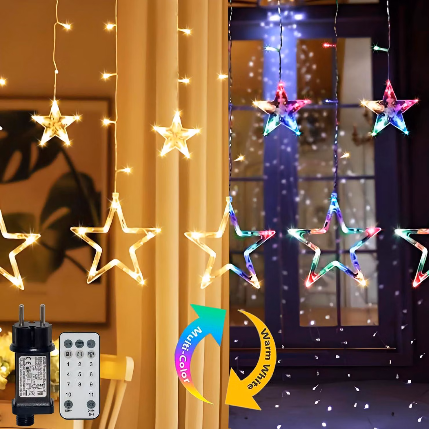 Catena luminosa a forma di stelle, 2,3 metri, 138 LED, dimmerabile, 11 modalità, grado di protezione IP44