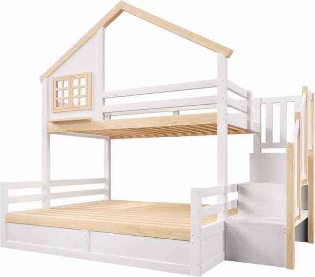 Letto a castello per bambini in legno e MDF bianco con contenitore idraulico e scala, dimensioni L/P/H: 254 x 145 x 214 cm, senza materasso
