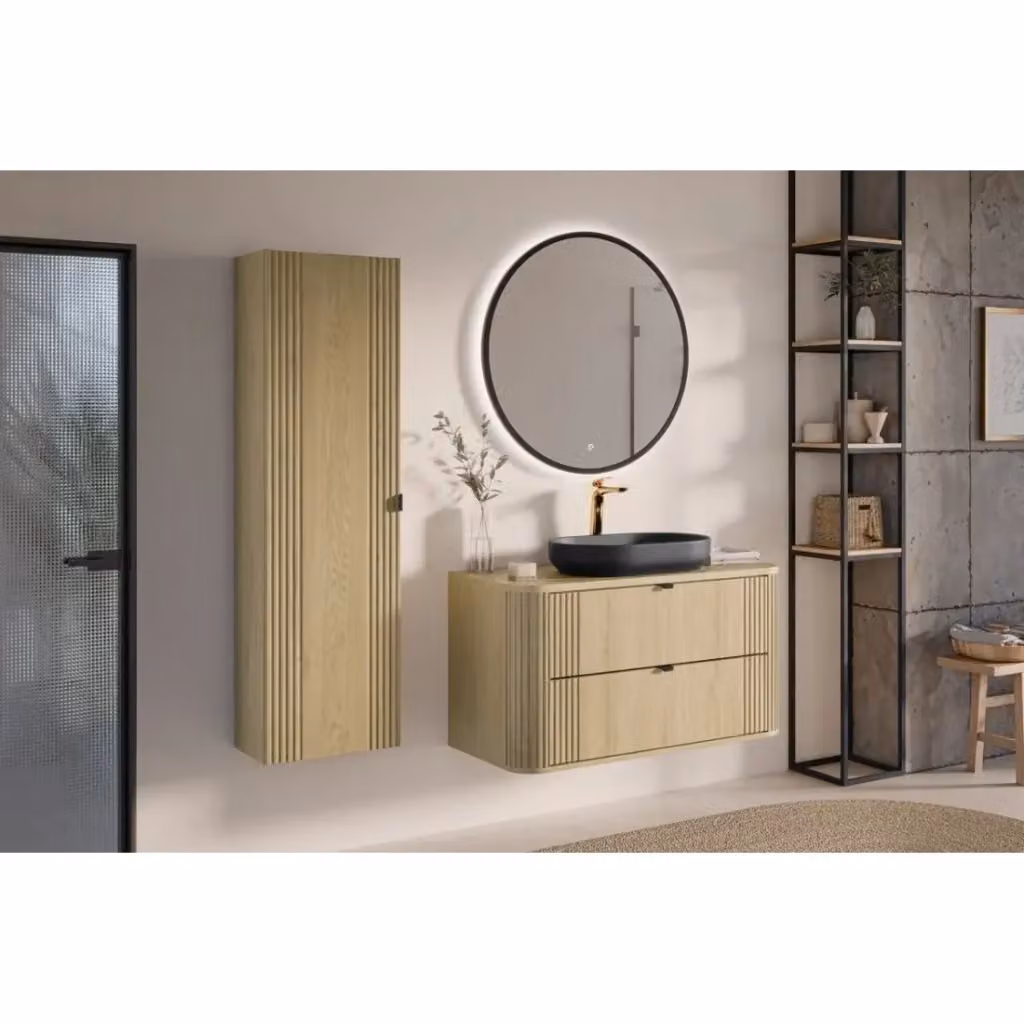 Set da bagno moderno Meublorama KORI in legno e MDF con mobile sottolavabo, top, lavabo da appoggio e colonna di contenimento, colori nero e beige – 2