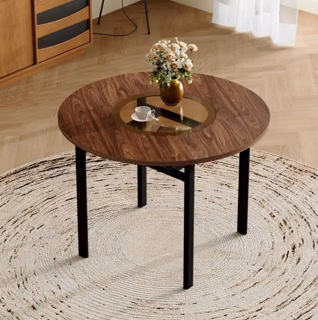 Tavolo da pranzo rotondo MODFU in MDF effetto legno marrone con inserto in vetro trasparente e struttura in metallo nero Diametro: 100 cm