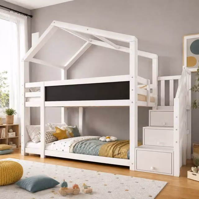 Letto a castello a forma di casa ULEVR 90x200 cm bianco con scala contenitore e lavagna