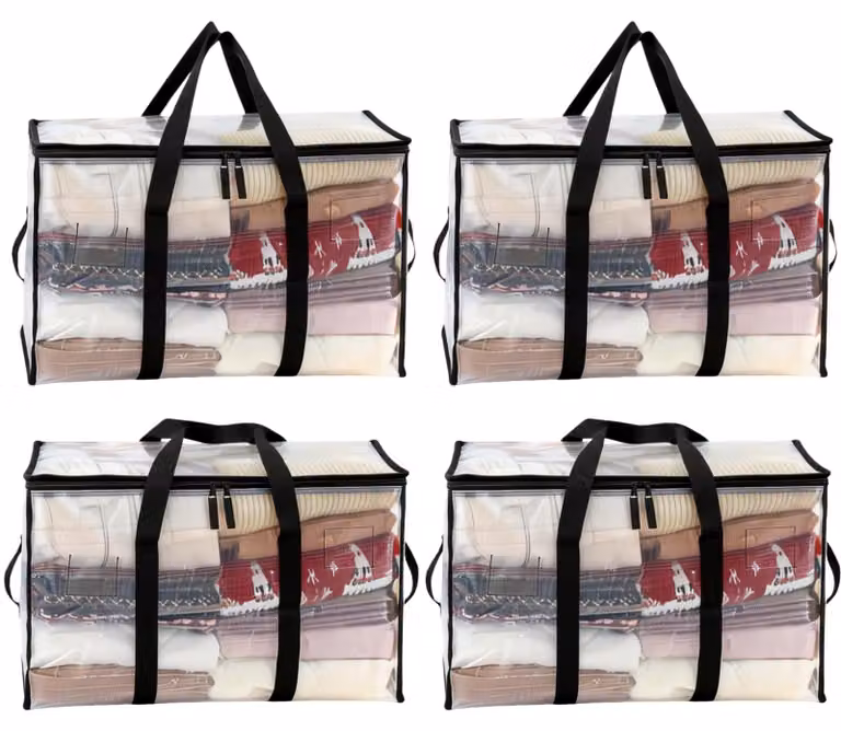 Borsa di stoccaggio con coperchio, capacità 90 litri, confezione da 4 pezzi, trasparente, per abbigliamento