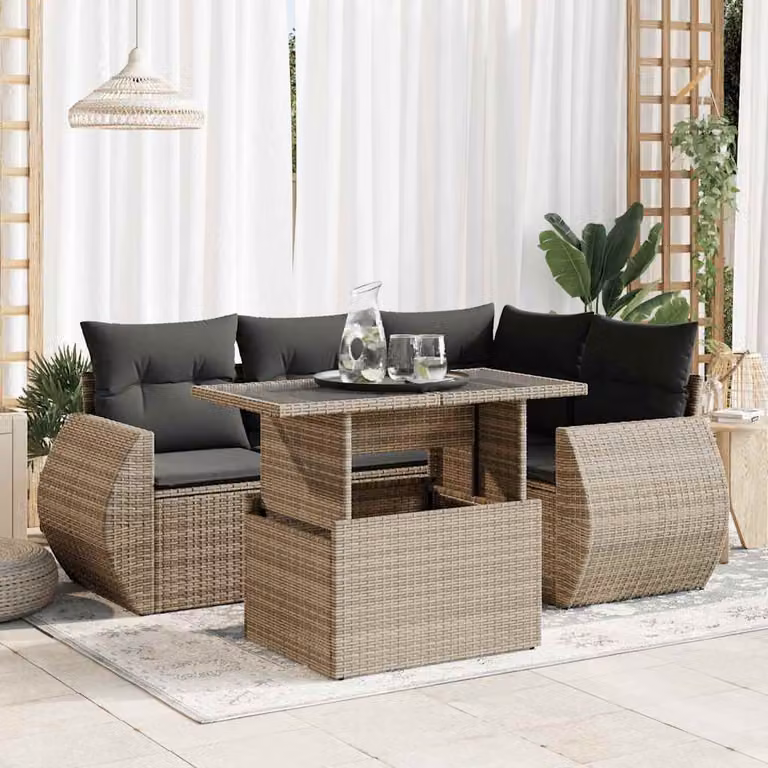 Set Divano da Giardino vidaXL 5 pz a Forma a L in Polyrattan Grigio con Cuscini e Tavolino