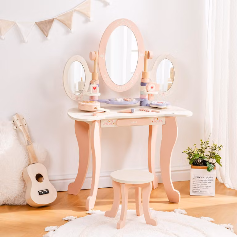 Tavolino da trucco per bambini ROBUD in legno, completo di sgabello, specchio e accessori