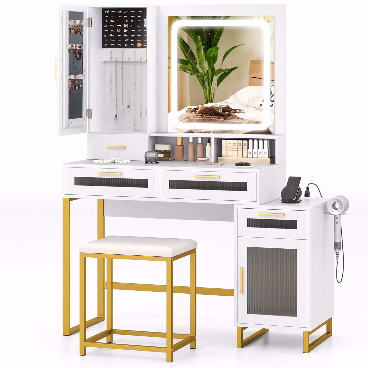 Tavolo da toeletta COSTWAY Tavolo da toeletta per cosmetici con stazione di ricarica, LED, portagioie, sgabello, specchio, cassetti, scomparti aperti e supporto bianco