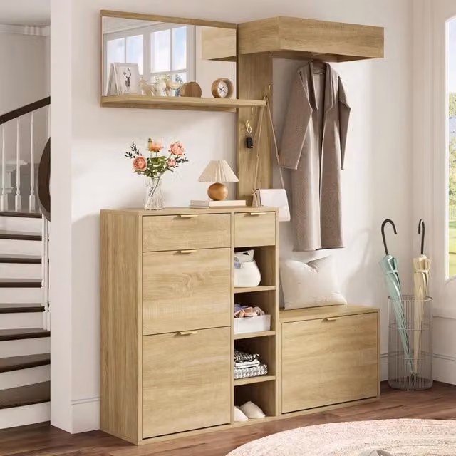 Desviae Mobile da ingresso 4 in 1 con scarpiera panca specchio pannello appendiabiti in truciolare naturale 130 × 30 × 174 cm