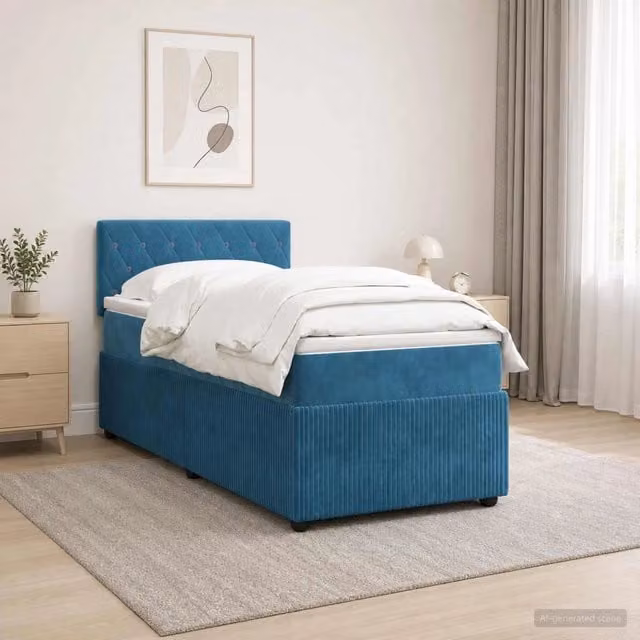 Letto box spring ibrido vidaXL in velluto blu con materasso a molle insacchettate e base contenitore, L/P: 190 x 90 cm