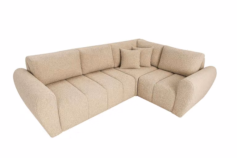 Divano angolare Sofello  con chaise longue a destra, dotato di funzione letto e contenitore, dimensioni 240x180 cm – Divano moderno in tessuto bouclé color beige scuro, divano letto con spazio contenitivo