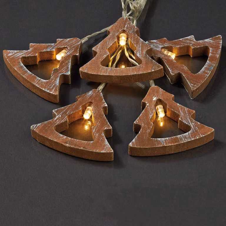 Catena luminosa con 10 piccoli alberi di legno LED, luce bianca calda, colore marrone, lunghezza 1,65 metri, per uso interno