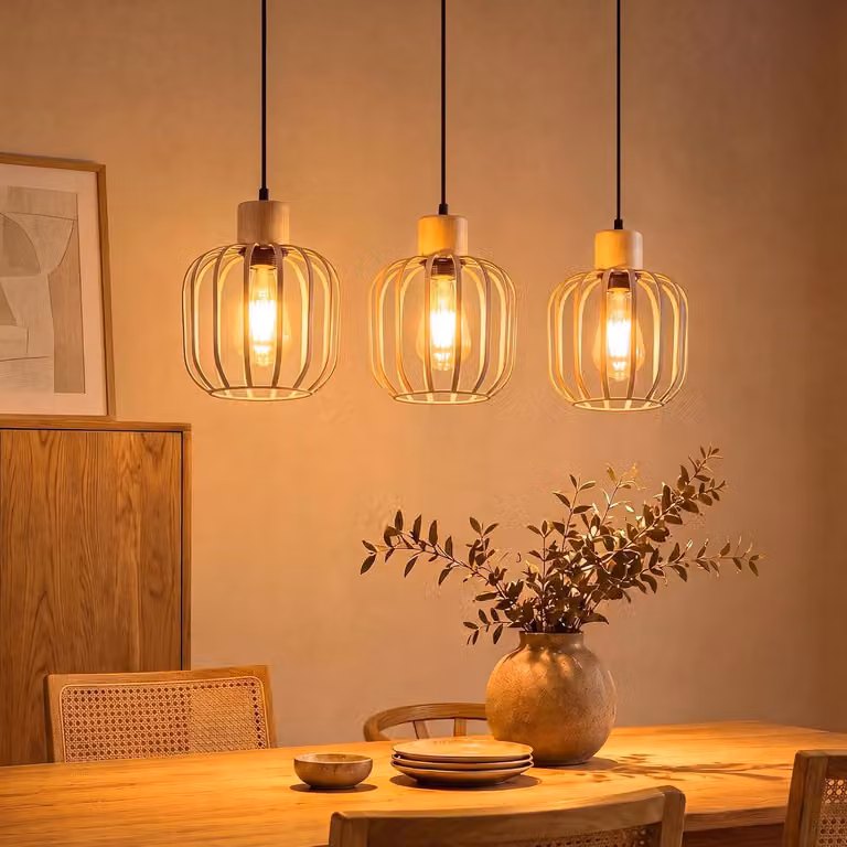 Lampada a sospensione ZMH per sala da pranzo, 3 luci, lampada a sospensione per tavolo da pranzo, attacco E27, grigia, lampada a sospensione in legno, lampada per cucina, lampada a sospensione per isola cucina, camera da letto
