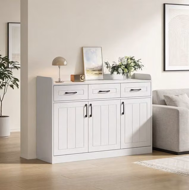 Mobiletto bianco 120x35x80 cm con 3 cassetti e 3 ante, piano regolabile e design a righe